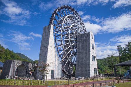 Large waterwheel with blue skies in Japan