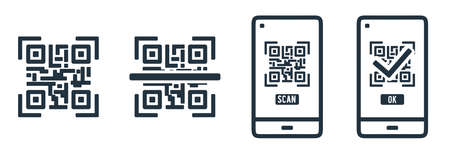 QR code scan icon isolated on a white background. Code and Object Scan symbols for web and mobile apps. Line vector sign.のイラスト素材