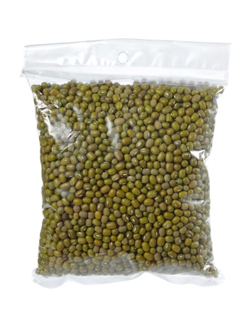 a bunch of green beans in small plastic bagの写真素材