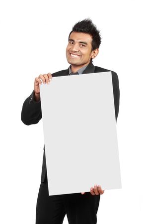 Handsome Businessman holding a blank board isolated on white backgroundの写真素材