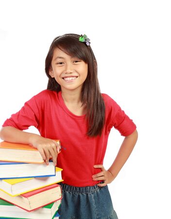 happy time for little girl with her books. isolated on white backgroudの写真素材