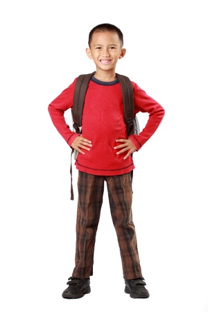 full body portrait of little boy back to schoolの写真素材