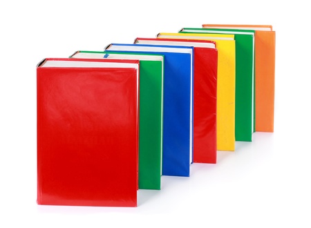 a line of many blank colorful books isolated on white backgroundの写真素材