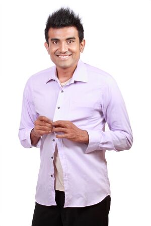 attractive asian young man wearing cloth isolated on whiteの写真素材