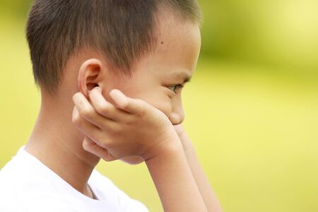 portrait of Cute little boy sitting on a green meadowの写真素材