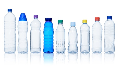 Collection of water bottles isolated on white backgroundの写真素材