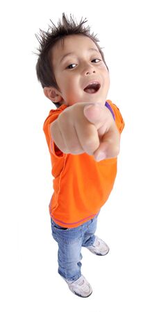 Funny boy pointing the finger a over white backgroundの写真素材