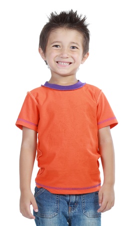 boy standing on floor isolated on whiteの写真素材