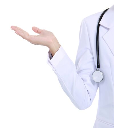 female doctor hands showing something on her hands. isolated over whiteの写真素材