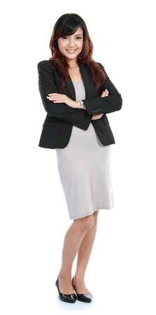 Happy smiling business woman in suit isolated on white backgroundの写真素材