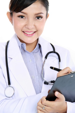 Smiling medical doctor with stethoscope. Isolated over white backgroundの写真素材