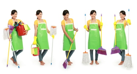 portrait of beautiful woman with cleaning tool isolated over white backgroundの写真素材