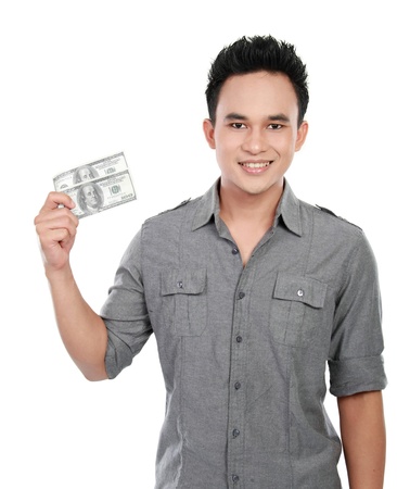 man showing  money isolated on white backgroundの写真素材