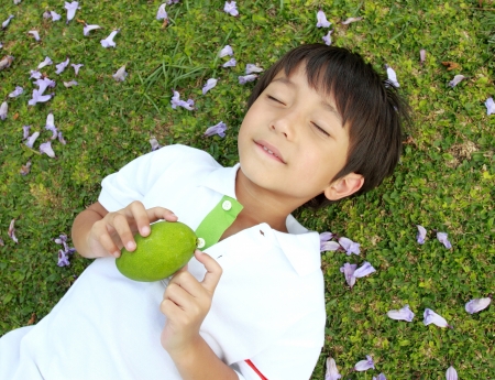 cheerful boy laying on the green grass holding a manggo fruitの写真素材