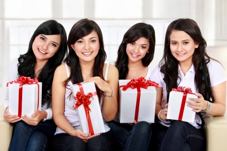 four young beautiful girls celebrate birthdayの写真素材