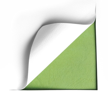 corner white torn paper with green background, ready for your designの写真素材
