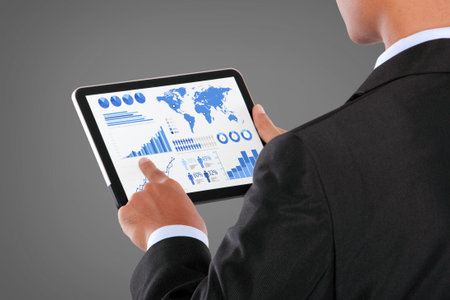 man pushing on a touch screen tablet PC infographics