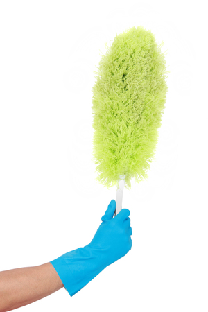 Soft duster with plastic handle on a white backgroundの写真素材