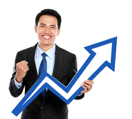 Businessman with up chart symbol in hand on white backgroundの写真素材