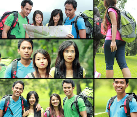 collage photo of hiking people / camping trip togetherの写真素材