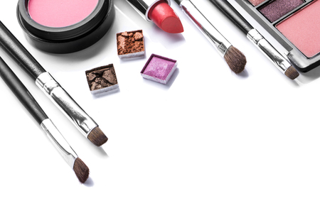 makeup brush and cosmetics, on a white background isolatedの写真素材
