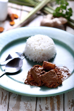portrait of massaman curry served with riceの写真素材