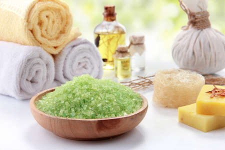 A portrait of Essentials oil and minerals salt, outdoor backgroundの写真素材