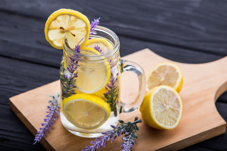 Summer fresh fruit Flavored infused water of lemon and lavenderの写真素材