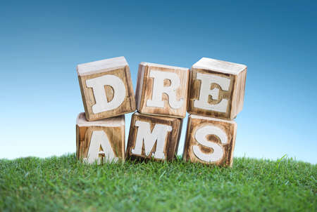 still life of DREAMS sign concept made of wooden blocks on a green grass under bright blue skyの写真素材