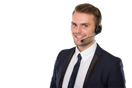portrait of Businessman using a headset, smiling. ready for your design