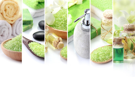 A portrait of Green spa concept collage. soap and essensials spa objects. with copyspaceの写真素材