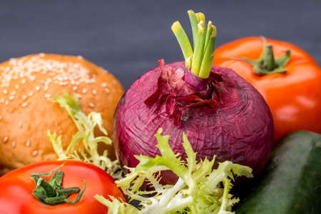 close up portait of ingredients of beef burgerの写真素材