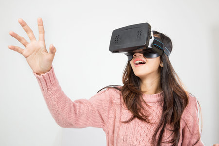 portrait of asian woman wearing virtual reality goggleの写真素材