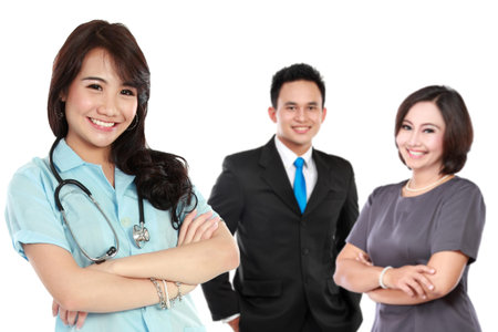 portrait of medical doctor and  patient in the background. worker and employee healthcare insurance...