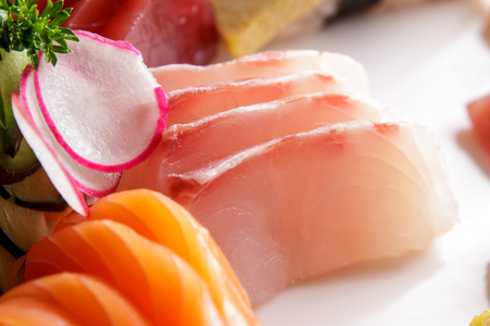 close up portrait of fresh japanese food salmon sushimiの写真素材