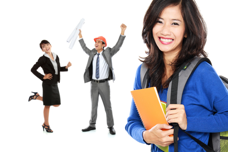 happy college student with books dreaming to be successful person in the futureの写真素材