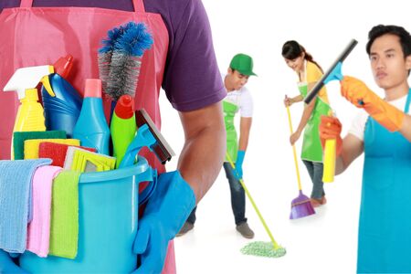 group of professional cleaning services and housewife ready to do the choresの写真素材