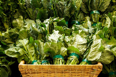 portrait of many bunch of fresh green kailan in basketの写真素材