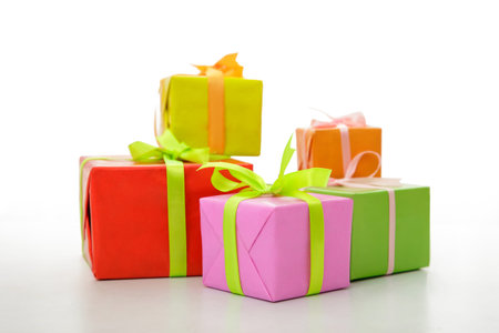 portrait of colorful gift box with ribbon isolated on white background