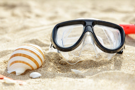 close up portrait of mask and snorkel on the sand with seashellsの写真素材