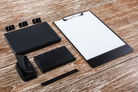Corporate identity template on washed wooden table backgroundの写真素材