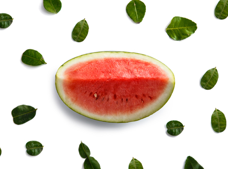 top view portrait of slices of fresh watermelon isolated on white backgroundの写真素材