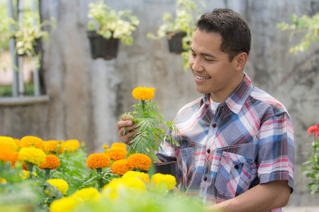 asian male florist working in flower shopの写真素材
