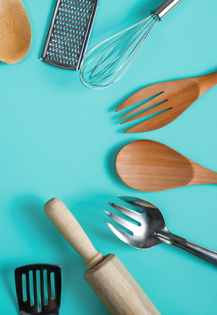group of kitchen utensils on blue pastel backgroundの写真素材