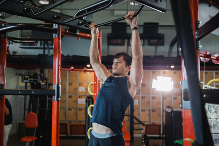 Muscular male model with perfect body doing pull ups