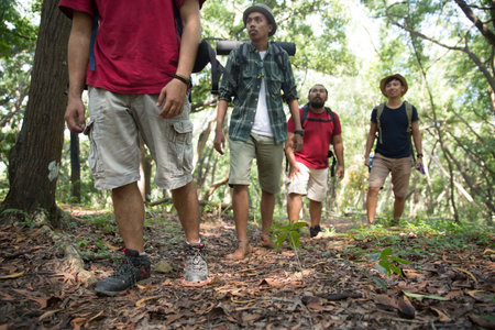 friends hiking in outdoor summer activity