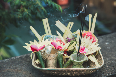 daily offerings canang sari made by Balinese Hindus to thank theの写真素材
