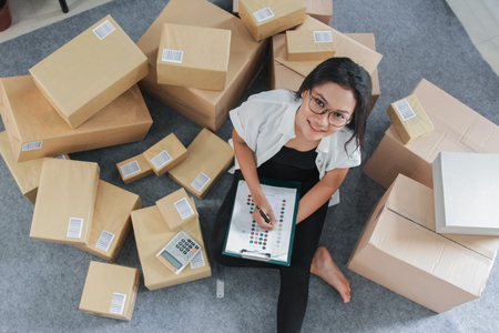 top view of woman with packageの写真素材