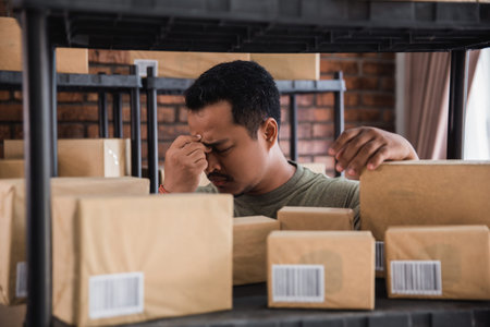 stressed young man checking packages