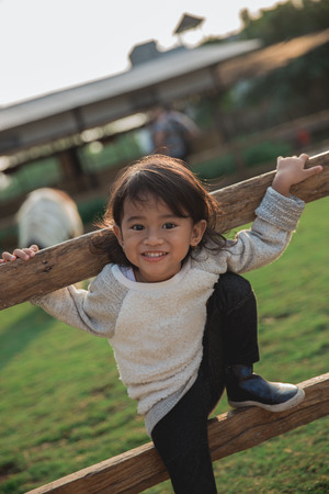 Closeup pose a child climbs wood fenceの写真素材